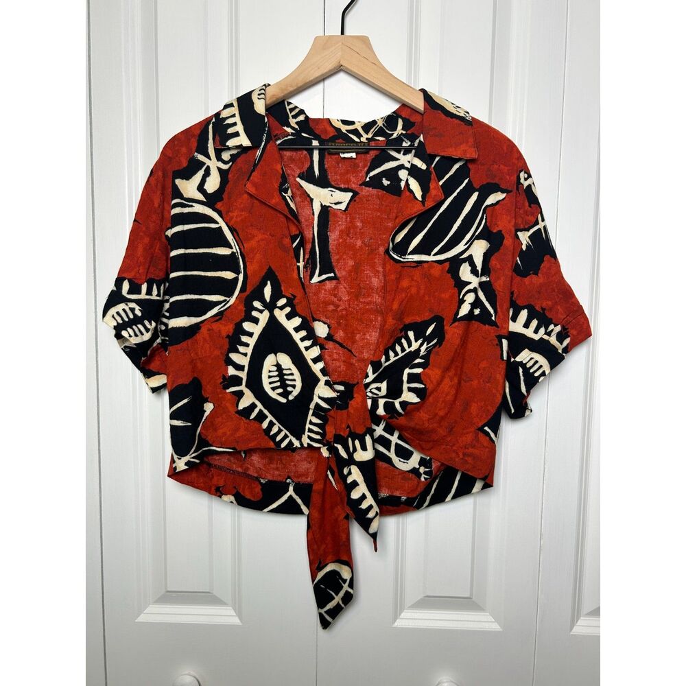 Vintage Virgo II Abstract Batik Tie Front Crop Top Blouse Red Black